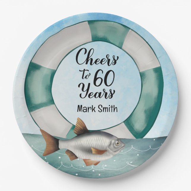 Fishing Lovers 60th Birthday watercolor Paper Plate (Front)