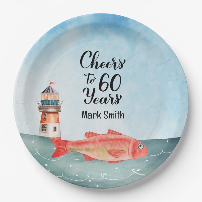 Fishing Lovers 60th Birthday watercolor Paper Plate (Front)