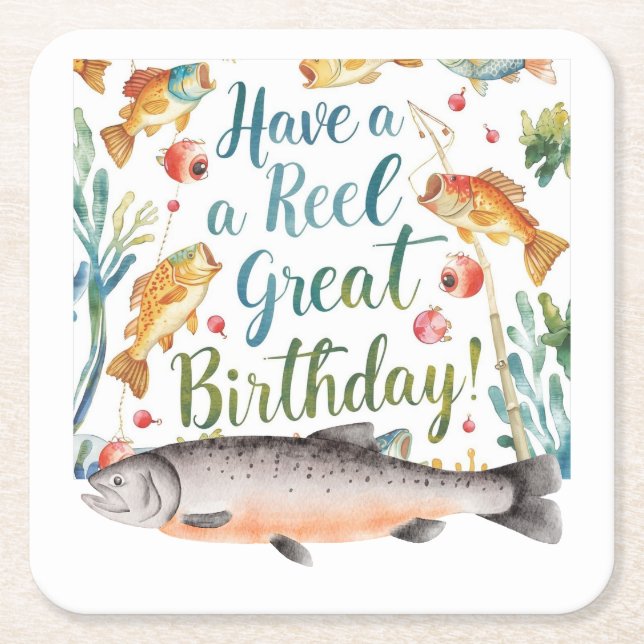 Fishing Lovers Birthday themed  Square Paper Coaster (Front)