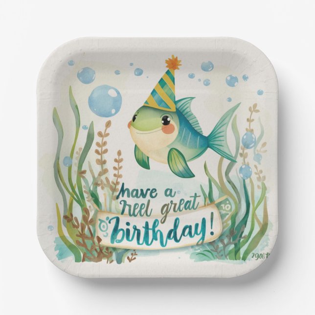 Fishing Lovers Birthday themed watercolor Paper Plate (Front)