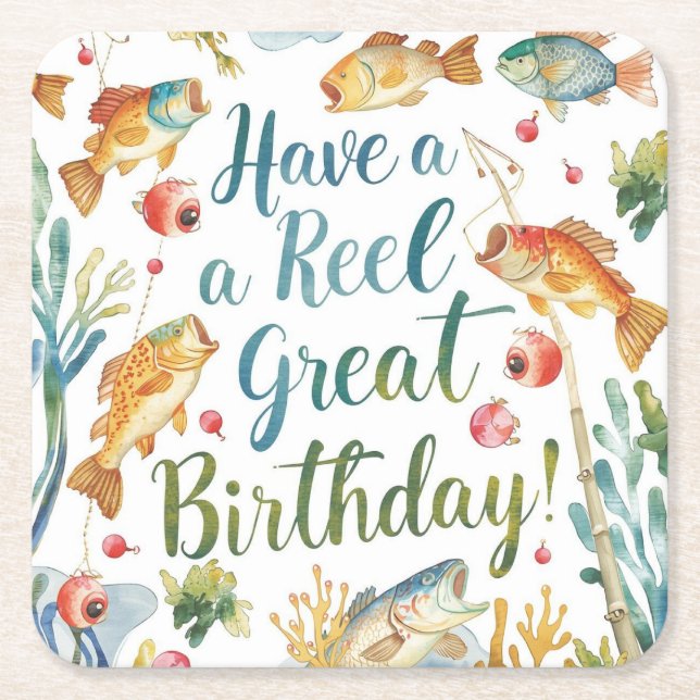 Fishing Lovers Birthday themed watercolor Square Paper Coaster (Front)