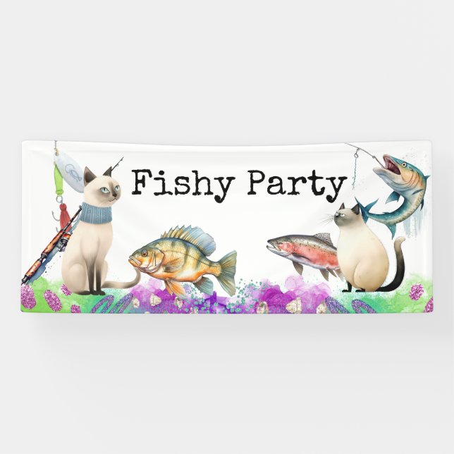 Fishing lovers birthday with Fish  Hook watercolor Banner (Horizontal)