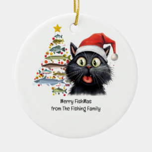 Fishing Lovers Christmas Santa Claus Cat Lovers Ceramic Ornament