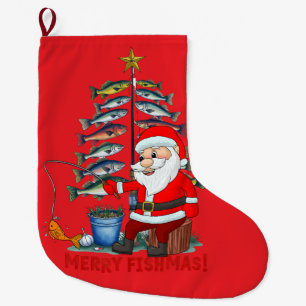 Fishing Lovers Christmas with Santa Claus Large Christmas Stocking