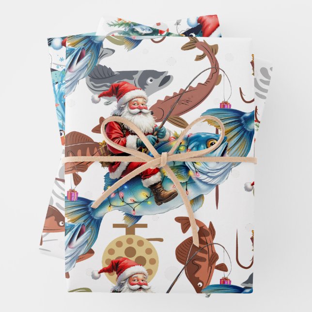 Fishing Lovers Christmas with Santa Claus Wrapping Paper Sheet (In situ)