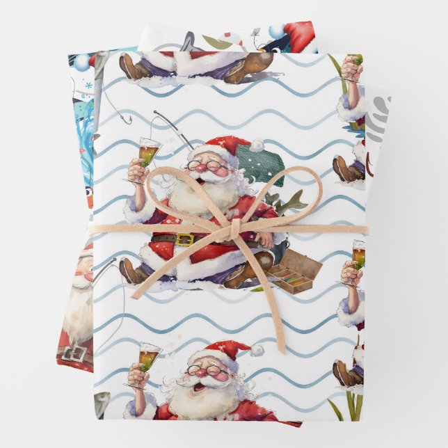 Fishing Lovers Christmas with Santa Claus Wrapping Paper Sheet (In situ)