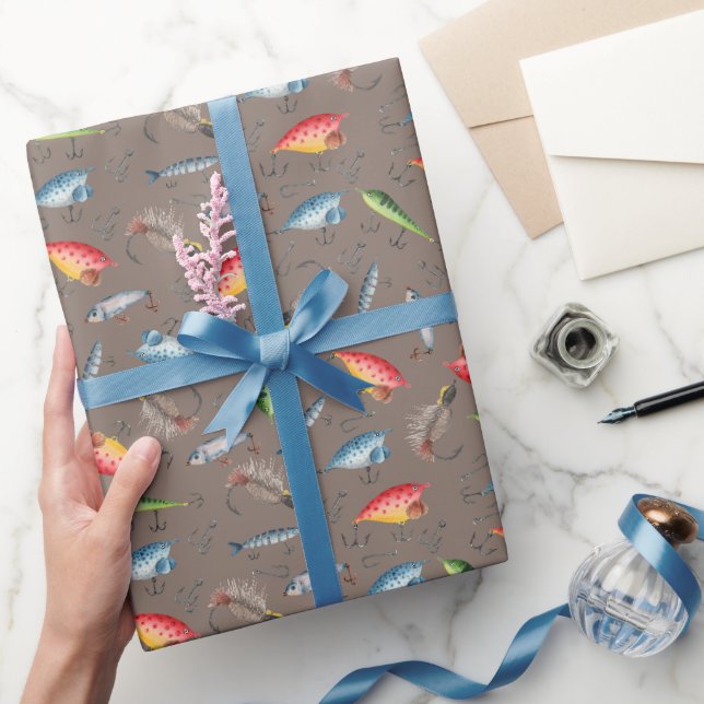 Fishing Lures on Grey-Brown Wrapping Paper (Gifting)