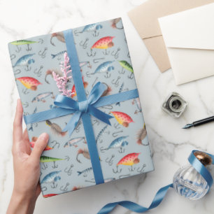 Fishing Lures on Light Blue-Grey Wrapping Paper