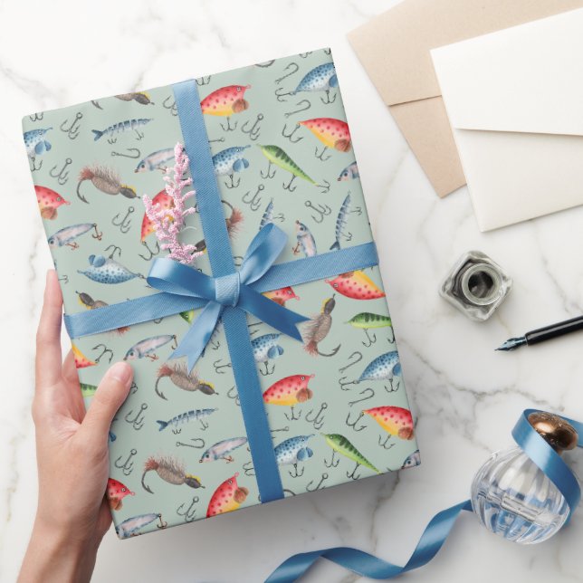 Fishing Lures on Light Green Wrapping Paper (Gifting)