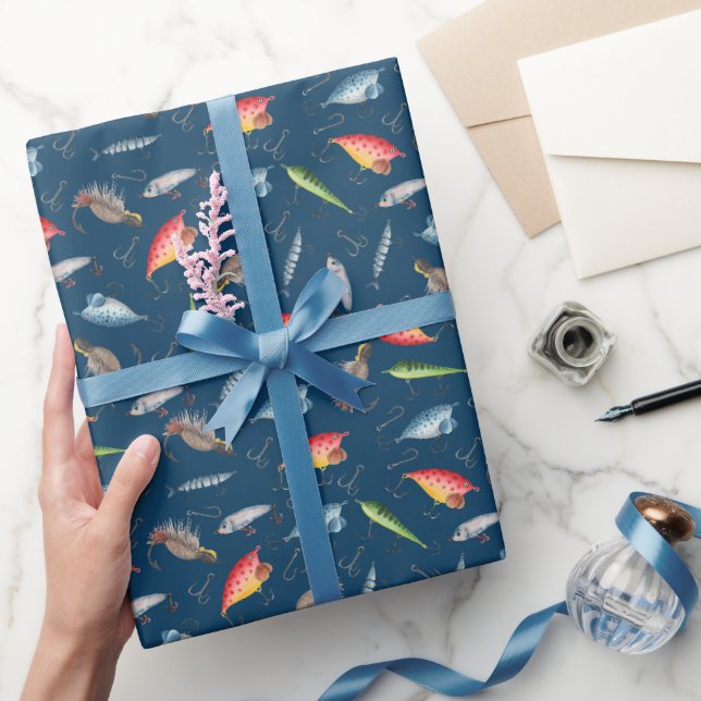 Fishing Lures on Navy Blue Wrapping Paper (Gifting)