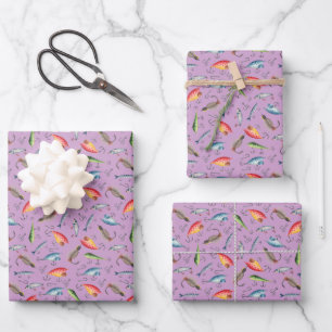 Fishing Lures on Purple Wrapping Paper Sheet