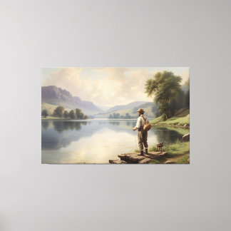 Fishing man at lake rustic nature view vintage sty canvas print
