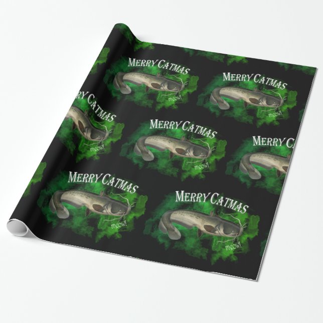 Fishing Merry Catmas Christmas Wrapping Paper (Unrolled)