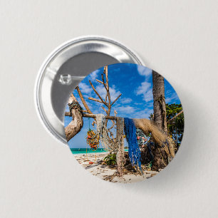 Fishing nets drying on the beach 2 inch round button