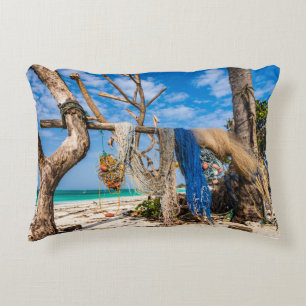 Fishing nets drying on the beach accent pillow