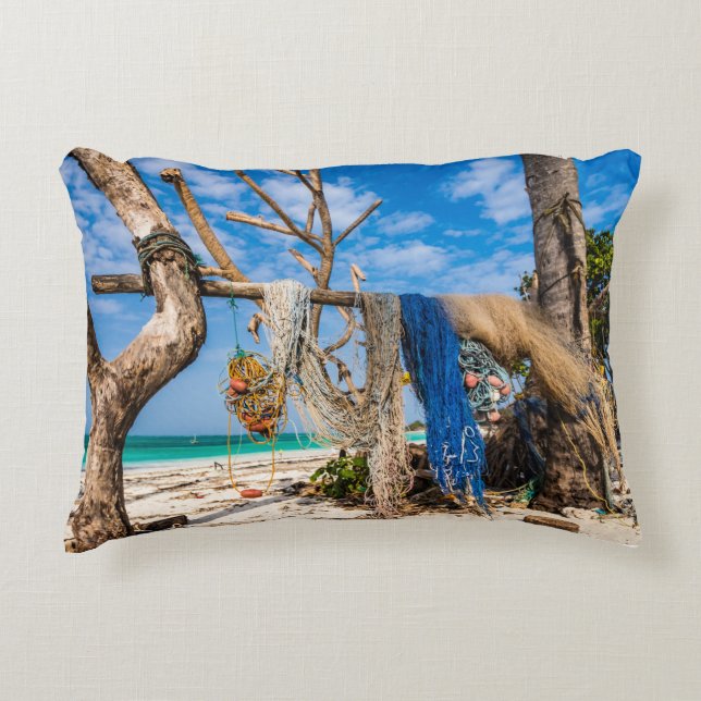Fishing nets drying on the beach accent pillow (Front)
