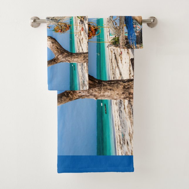 Fishing nets drying on the beach bath towel set (Insitu)