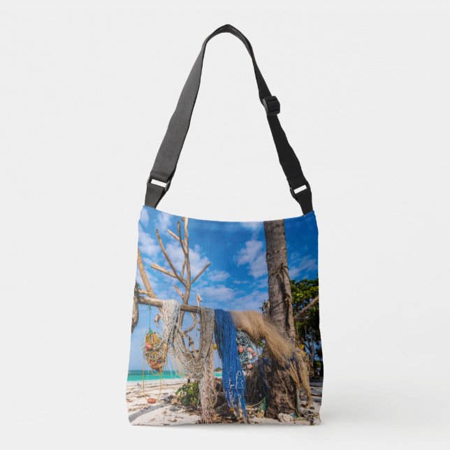 Fishing nets drying on the beach crossbody bag (Front)
