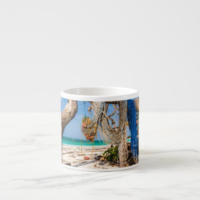 Fishing nets drying on the beach espresso cup (Front)