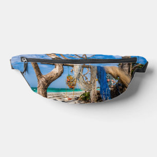 Fishing nets drying on the beach fanny pack