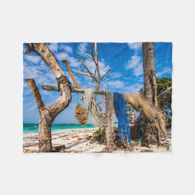 Fishing nets drying on the beach fleece blanket (Front (Horizontal))