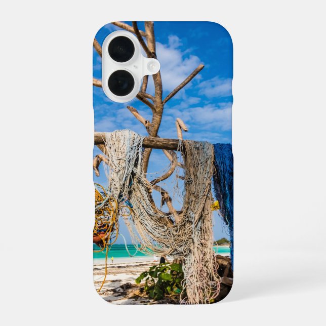 Fishing nets drying on the beach iPhone 16 case (Back)