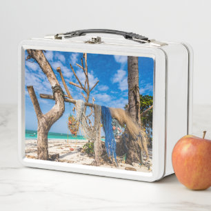 Fishing nets drying on the beach metal lunch box
