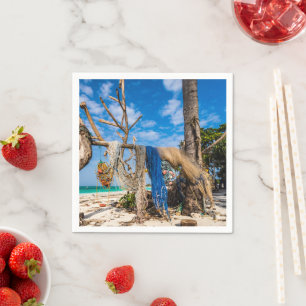 Fishing nets drying on the beach napkin