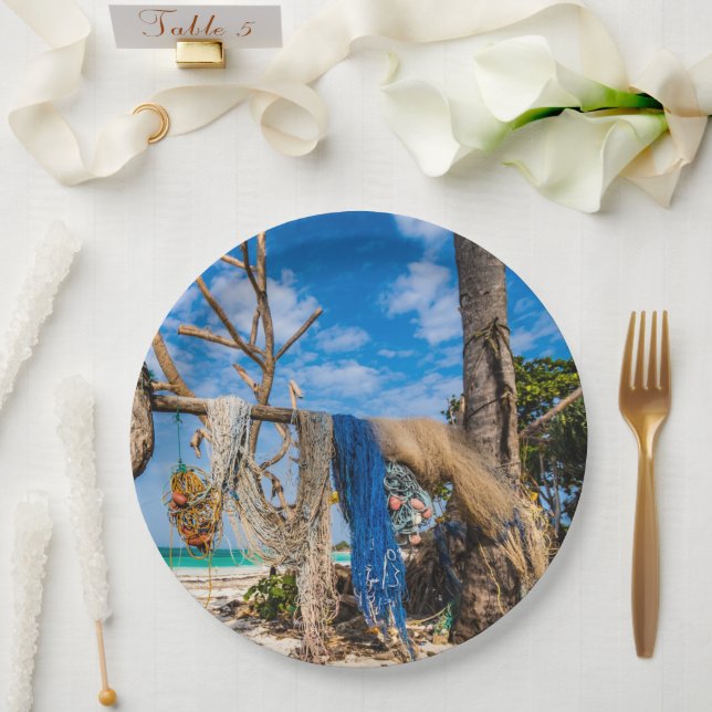Fishing nets drying on the beach paper plate (Wedding)