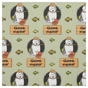 Fishing Old English Sheepdog (Grey 1) Cute Funny Fabric