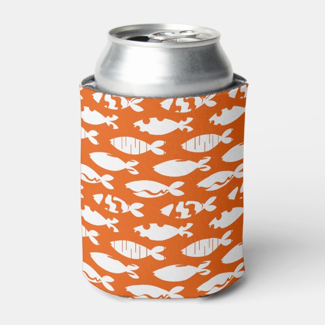 Fishing Pattern Orange White Can Cooler (Can Front)