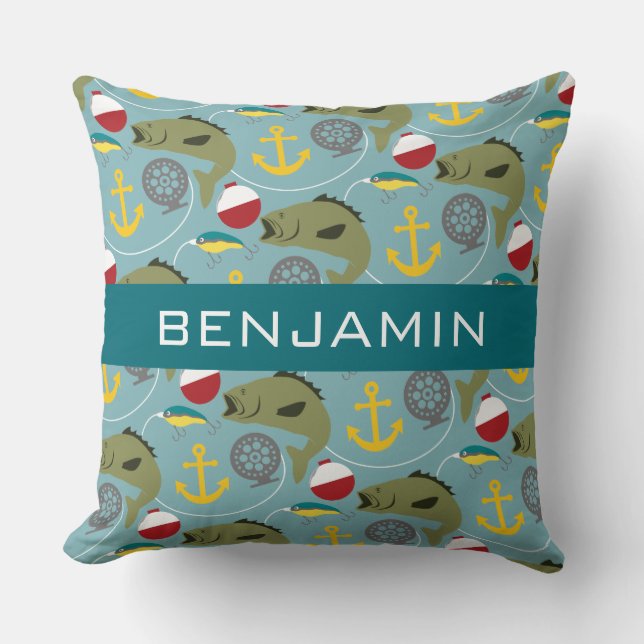 Fishing Pattern with Custom Name Throw Pillow (Front)