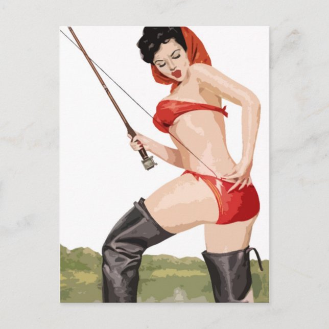 Fishing pin-up vintage poster postcard (Front)