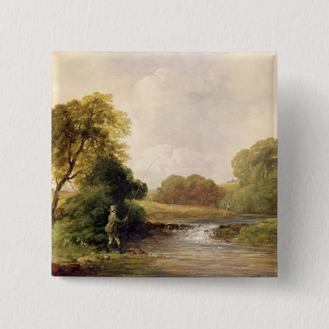 Fishing: Playing a Fish (oil on canvas) 2 Inch Square Button (Front)