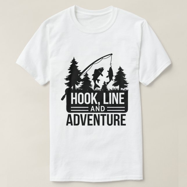 Fishing Pole & Catch Outdoor Camping Illustration T-Shirt (Design Front)