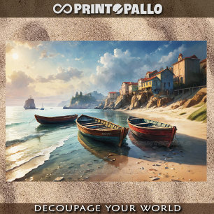 Fishing rawboats on the shore near costal village tissue paper