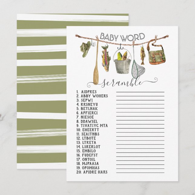 Fishing Reel Clothesline Baby Word Scramble Invitation (Front/Back)