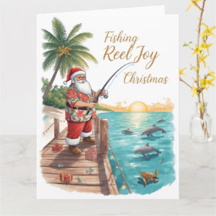 Fishing Reel Joy Christmas with Santa Holiday  Card