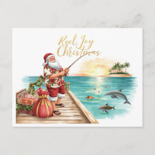 Fishing Reel Joy Christmas with Santa Postcard