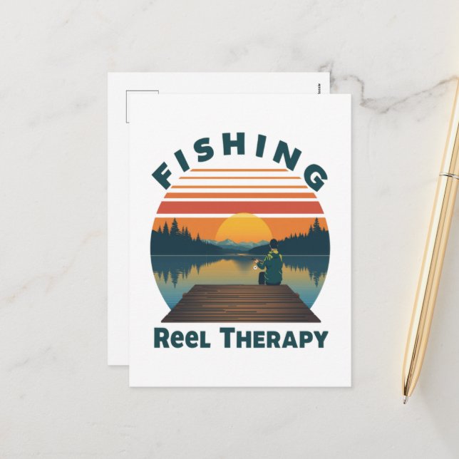 Fishing Reel Therapy Dad Holiday Postcard (Front/Back In Situ)