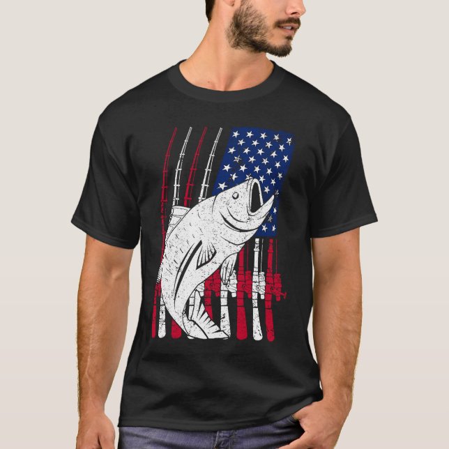 Fishing Rod and American Flag T-Shirt (Front)