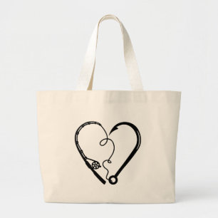 FISHING ROD HEART HOOK LARGE TOTE BAG