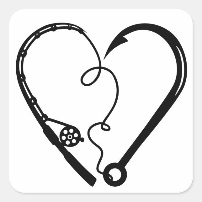 FISHING ROD HEART HOOK SQUARE STICKER (Front)