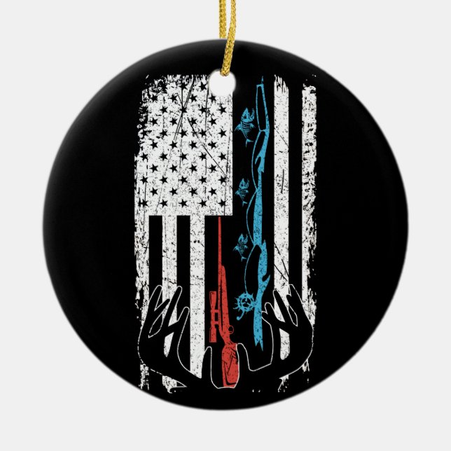Fishing Rod Hunting Deer American Flag Ceramic Ornament (Front)