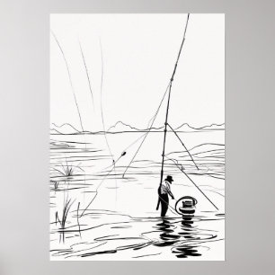 Fishing Rod Lake Casting Line Art Minimalist Angle Poster