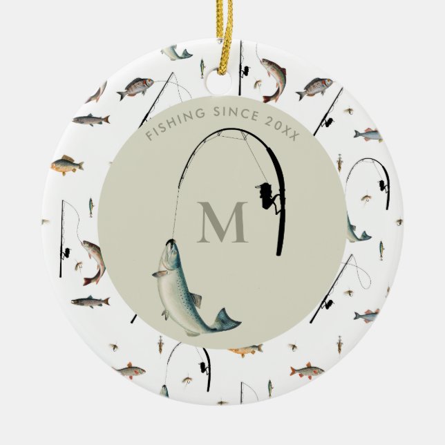 Fishing Rod & Reel Fish Theme Fisherman Monogram  Ceramic Ornament (Front)