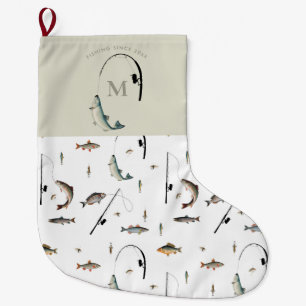 Fishing Rod & Reel Fish Theme Fisherman Monogram  Large Christmas Stocking