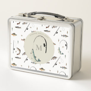 Fishing Rod & Reel Fish Theme Fisherman Monogram Metal Lunch Box