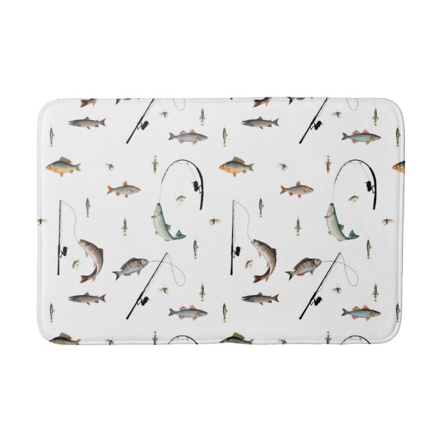 Fishing Rod & Reel Fish Theme Pattern Bath Mat (Front)