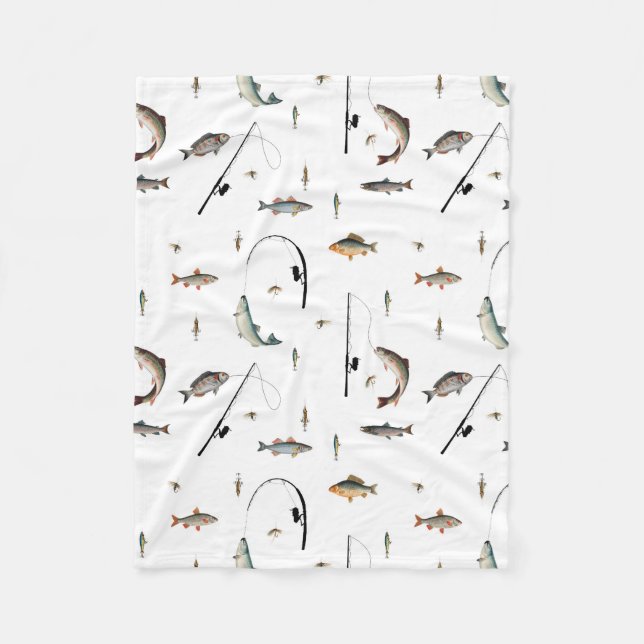 Fishing Rod & Reel Fish Theme Pattern Fleece Blanket (Front)